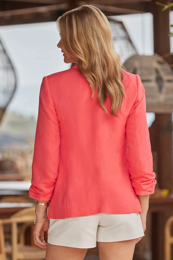 Coral Ruched Sleeve Linen Blend Blazer 5 Coral Ruched Sleeve Linen Blend Blazer - Image 3