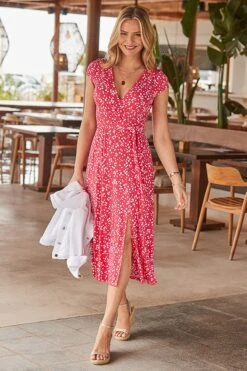 Summer Red Spot Print Faux Wrap Dress
