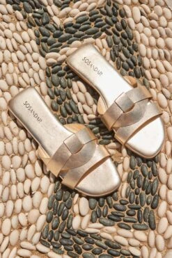 Gold Leather Cross Strap Mule Sandals
