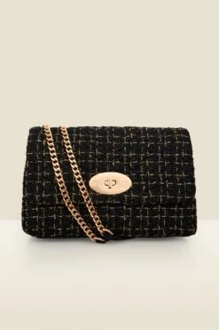 Black & Gold Metallic Quilted Clasp Detail Cross Body Bag