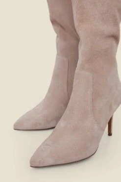 Taupe Suede Stiletto Knee High Boots -Sosandar Fashion Store web 2506 box a25fw027bn0003 756