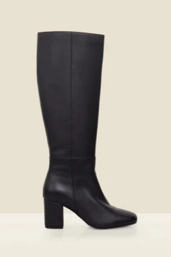 Black Leather Mid Heel Knee High Boots