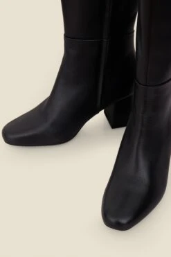 Black Leather Mid Heel Knee High Boots -Sosandar Fashion Store web 2506 box a25fw068bk0001 767