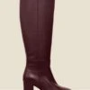 Burgundy Leather Mid Heel Knee High Boots -Sosandar Fashion Store web 2506 box a25fw068rd0004 771