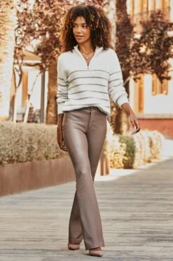 Taupe Faux Leather Kick Flare Trousers