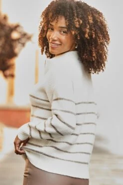 Ivory & Taupe Stripe Quarter Zip Jumper -Sosandar Fashion Store web 2507 10 a25tk219nl0003 a24bp007bn0003 a25ac107bn0003 10 206 1