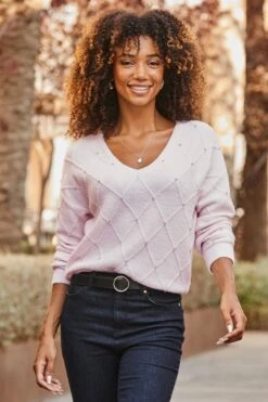 Soft Pink Pointelle Diamante Embellished Jumper -Sosandar Fashion Store web 2507 12 a25tk129pk0021 s22bd090bkbe01 12 065 rt