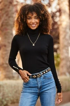 Black Roll Neck Button Cuff Jumper -Sosandar Fashion Store web 2507 17 a25tk462bk0001 a24bd024be0010 17 025 1