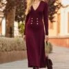 Burgundy Button Detail Knitted Midaxi Dress
