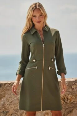 Khaki Green Textured Shirt Dress