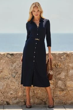 Navy Blue Premium Buckle Belted Shirt Dress -Sosandar Fashion Store web 2507 24 dydrj067be0003 24 008