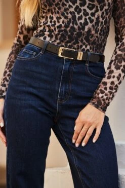 Black Leather Belt With Gold Square Buckle