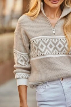 Taupe & Ivory Patterned Quarter Zip Jumper -Sosandar Fashion Store web 2507 30 a24tk209bn0003 a25ac107bn0003 30 073