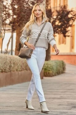 Taupe & Ivory Patterned Quarter Zip Jumper -Sosandar Fashion Store web 2507 30 a24tk209bn0003 a25ac107bn0003 30 169 rt