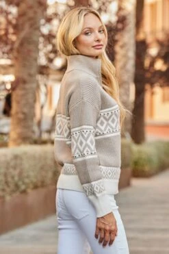 Taupe & Ivory Patterned Quarter Zip Jumper -Sosandar Fashion Store web 2507 30 a24tk209bn0003 a25ac107bn0003 30 249
