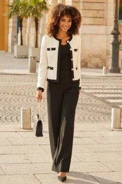 Ivory Contrast Trim Gold Button Boucle Jacket -Sosandar Fashion Store web 2508 02 a25ow025nl0006 dytoj076bk0001 a25bw029bk0001 02 014