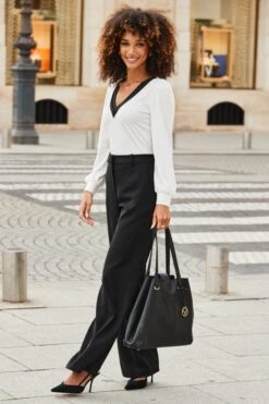 Ivory Contrast Trim Blouson Sleeve Top -Sosandar Fashion Store web 2508 05 dytoj081we0001 a25bw029bk0001 05 055 1