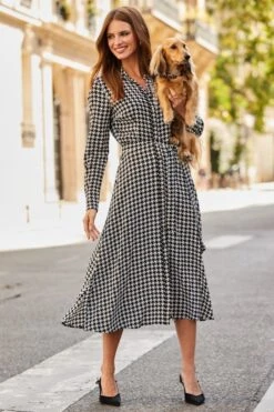 Black & White Houndstooth Print Belted Shirt Dress