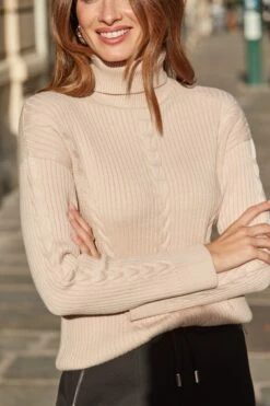 Natural Cable Knit Roll Neck Jumper -Sosandar Fashion Store web 2508 134 s24le016bk0001 a25tk481nl0003 s25ow016nl0003 134 187