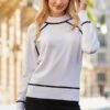 White & Black Contrast Trim Roll Neck Jumper