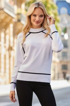 White & Black Contrast Trim Roll Neck Jumper