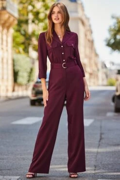 Burgundy Utility Pocket Belted Jumpsuit