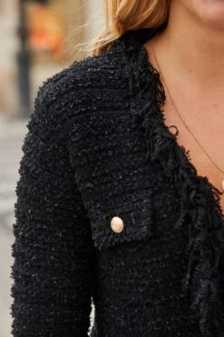 Black Noir Fringe Trim Boucle Cardigan -Sosandar Fashion Store web 2508 20 a24tk197bk0001 a22bl020bk0001 20 155