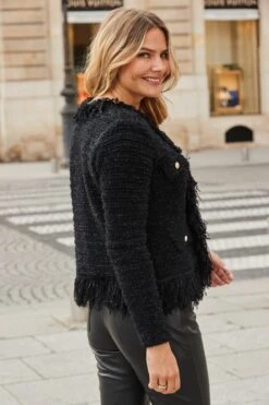 Black Noir Fringe Trim Boucle Cardigan -Sosandar Fashion Store web 2508 20 a24tk197bk0001 a22bl020bk0001 20 173