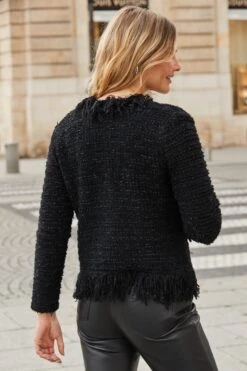 Black Noir Fringe Trim Boucle Cardigan -Sosandar Fashion Store web 2508 20 a24tk197bk0001 a22bl020bk0001 20 180