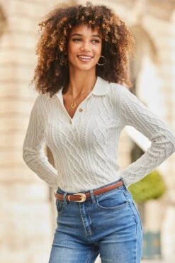 Cream Cable Knit Collared Jumper -Sosandar Fashion Store web 2508 251 a25tk274nl0001 s25bd016be0010 251 079