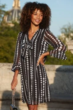 Black Geometric Spot Print Shift Dress