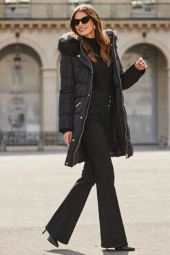 Black Faux Fur Trim Padded Coat