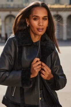 Black Faux Shearling Aviator Jacket -Sosandar Fashion Store web 2508 76 a24op005bk0001 a24bd005io003w a25tk351bk0001 76 278