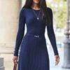 Navy Blue Ribbed Knit Fit & Flare Dress -Sosandar Fashion Store web 2508 79 a25dk164be0003 79 051