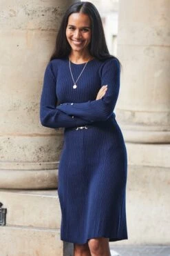 Navy Blue Ribbed Knit Fit & Flare Dress -Sosandar Fashion Store web 2508 79 a25dk164be0003 79 155