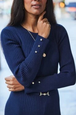 Navy Blue Ribbed Knit Fit & Flare Dress -Sosandar Fashion Store web 2508 79 a25dk164be0003 79 200