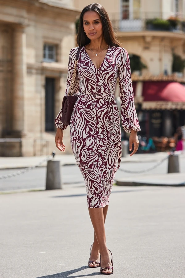 Burgundy Paisley Print Faux Wrap Dress 8 Burgundy Paisley Print Faux Wrap Dress - Image 6