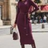Burgundy Belted Knit Midi Dress -Sosandar Fashion Store web 2508 86 a25dk365rd0004 86 028