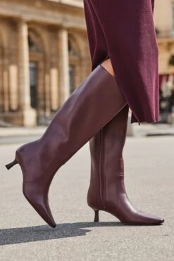 Burgundy Knee High Low Heel Boots