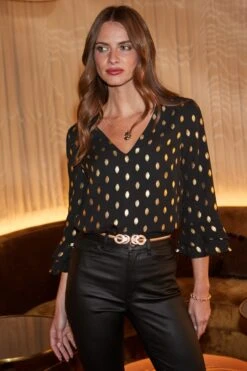 Black & Gold Metallic Spot Print Top -Sosandar Fashion Store web 2508 95 setow052bk0001 a24bd008bk0001 95 032