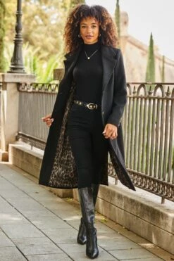 Black Premium Longline Wool Mix Coat With Leopard Print Lining