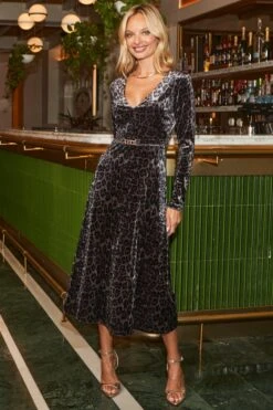 Leopard Print Velvet Belted Fit & Flare Dress -Sosandar Fashion Store web 2509 50 sedrw117ld0001 50 099