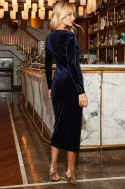 Midnight Blue Velvet Faux Wrap Dress 9 Midnight Blue Velvet Faux Wrap Dress -Sosandar Fashion Store web 2509 54 sedrw101be0003 54 062