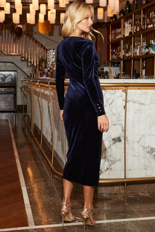 Midnight Blue Velvet Faux Wrap Dress 5 Midnight Blue Velvet Faux Wrap Dress - Image 3