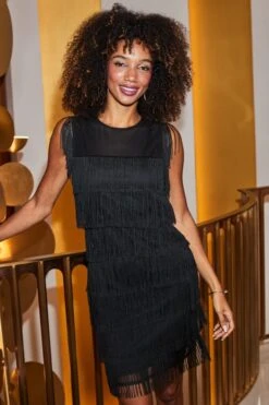 Black Fringe Detail Mini Dress