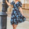 Black & Blue Floral Print Mesh Wrap Jersey Dress