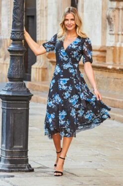 Black & Blue Floral Print Mesh Wrap Jersey Dress