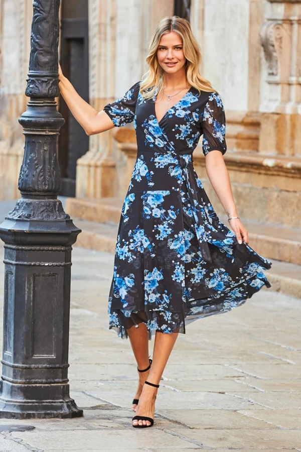 Black & Blue Floral Print Mesh Wrap Jersey Dress 3 Black & Blue Floral Print Mesh Wrap Jersey Dress