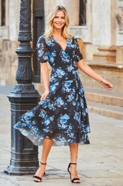 Black & Blue Floral Print Mesh Wrap Jersey Dress 12 Black & Blue Floral Print Mesh Wrap Jersey Dress -Sosandar Fashion Store web 25 s20dj030blfl 039
