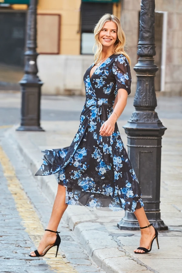 Black & Blue Floral Print Mesh Wrap Jersey Dress 4 Black & Blue Floral Print Mesh Wrap Jersey Dress - Image 2